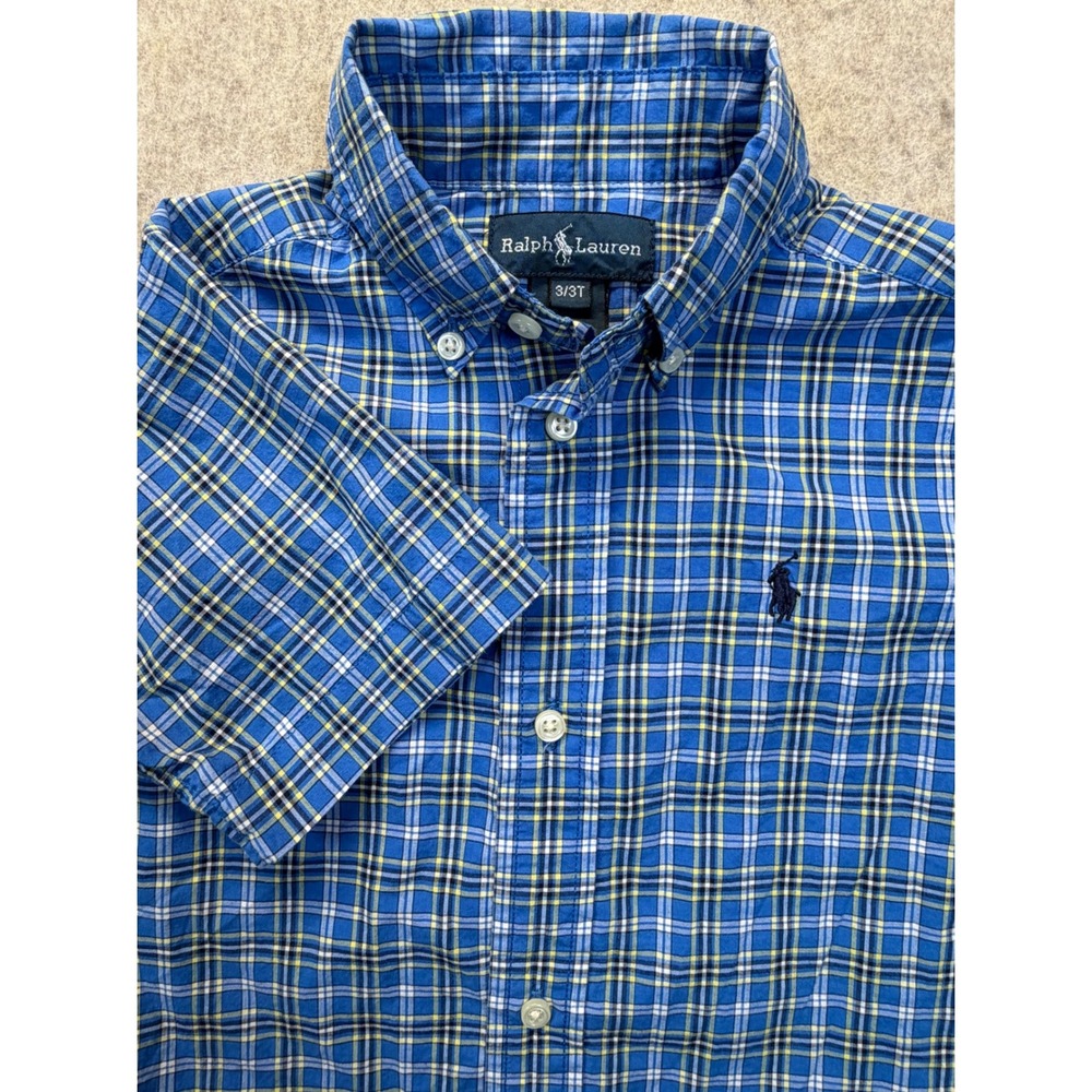 Ralph Lauren Button Down Shirt Kids 3/3T Blue Plaid Short Sleeve Pony Logo